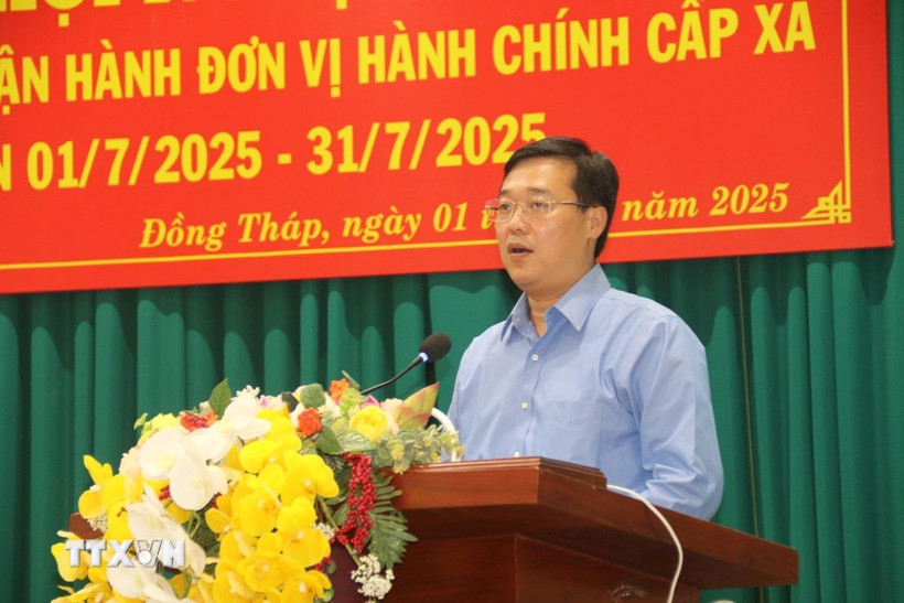 Bí thư Tỉnh ủy Đồng Tháp Lê Quốc Phong phát biểu tại hội nghị. (Ảnh: Đức Tâm/TTXVN)