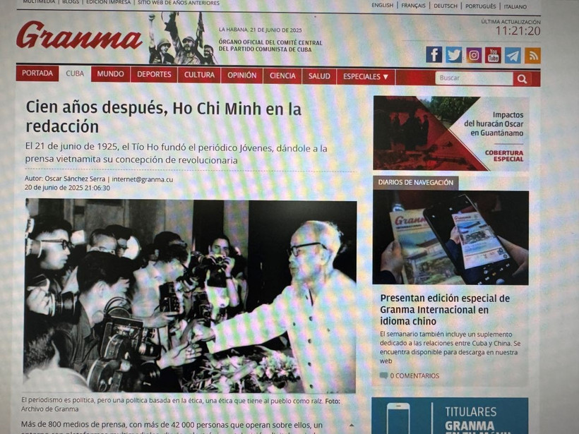 Bài viết nhân kỷ niệm 100 năm Ngày báo chí cách mạng Việt Nam đăng trên báo Granma. Ảnh chụp màn hình (Việt Hùng/TTXVN)