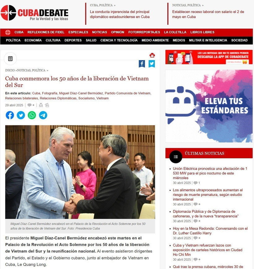 Báo điện tử Cubadebate thông tin về lễ kỷ niệm trang trọng tại Cung Cách mạng ở thủ đô La Habana nhân kỷ niệm 50 năm Ngày Giải phóng miền Nam, thống nhất đất nước của Việt Nam. (Ảnh: Mai Phương/TTXVN)