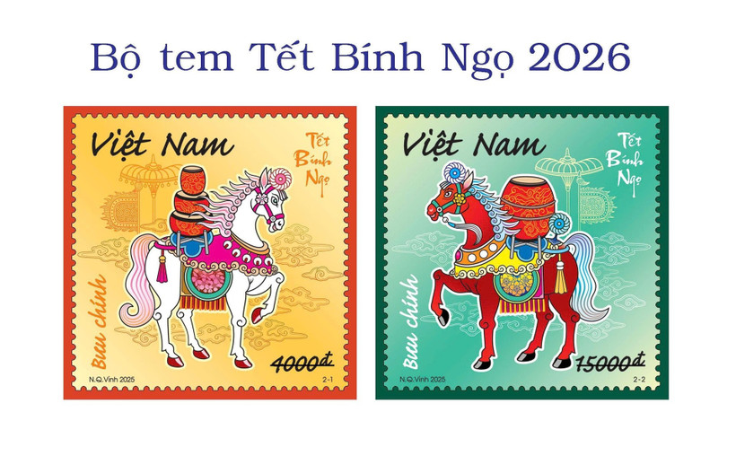 Hai mẫu tem bộ tem Tết Bính Ngọ 2026 mang thông điệp "Mã đáo thành công".