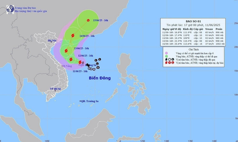 Hướng di chuyển của bão số 01 lúc 16h ngày 11/6/2025. (Ảnh: TTXVN phát)