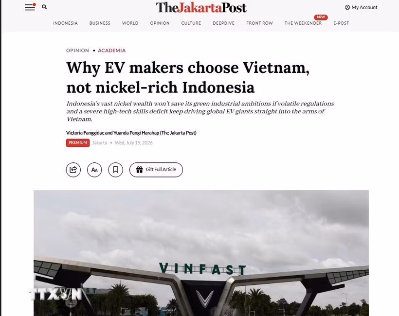 Bài phân tích của Jakarta Post đăng ngày 15/7. (Ảnh chụp giao diện: Lê Minh Hưởng/TTXVN)