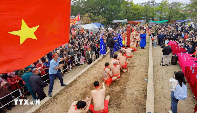 Nghi lễ và thực hành trò chơi kéo co ngồi Đền Trấn Vũ diễn ra vào ngày 3/3 âm lịch hằng năm. (Ảnh: Thanh Tùng/TTXVN)