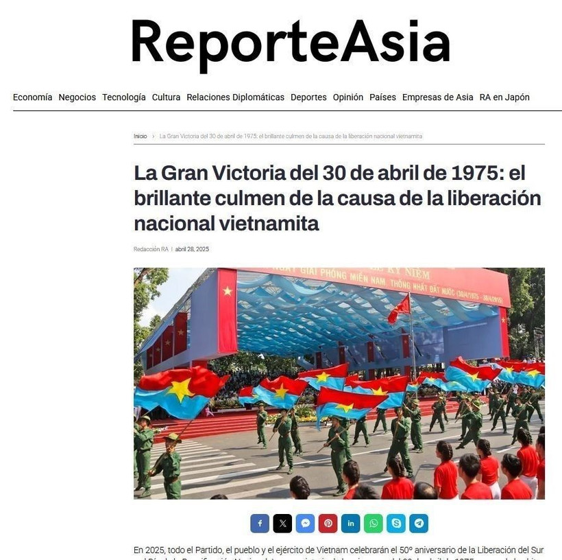 Ảnh chụp màn hình: "Đại thắng 30/4/1975 là một trong những mốc son chói lọi nhất trong lịch sử xây dựng và bảo vệ Tổ quốc của nhân dân Việt Nam" trên trang Reporte Asia của Argentina.