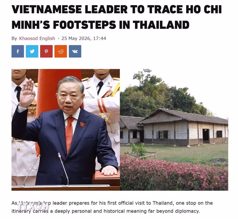 Ảnh chụp bài báo “Nhà lãnh đạo Việt Nam theo dấu chân Chủ tịch Hồ Chí Minh tại Thái Lan” của báo Khaosod English ngày 25/5. (Ảnh: TTXVN phát)