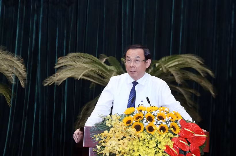 Ủy viên Bộ Chính trị, Bí thư Thành ủy Thành phố Hồ Chí Minh Nguyễn Văn Nên phát biểu chỉ đạo. (Ảnh: Xuân Khu/TTXVN)