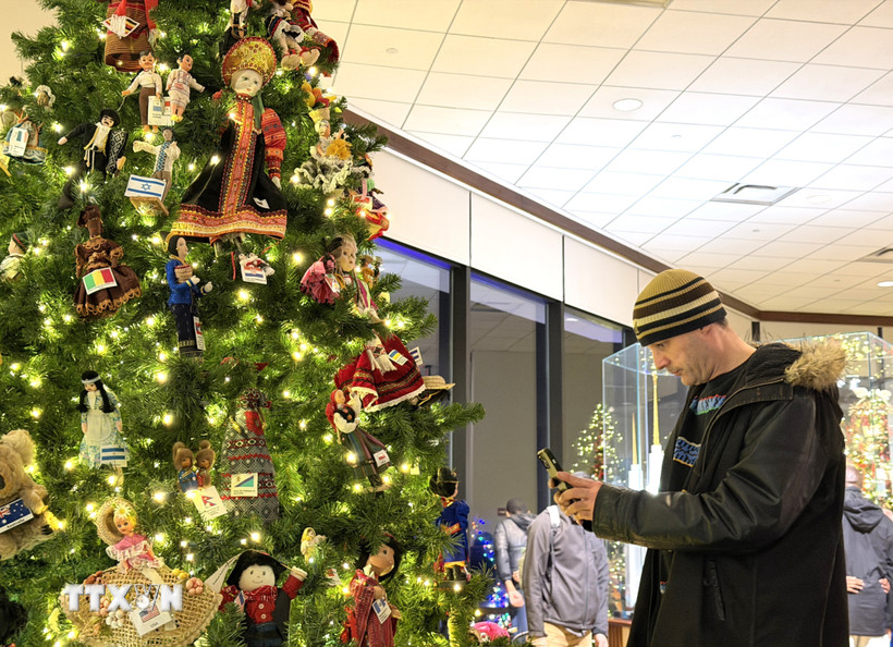 Một người dân chụp ảnh cây thông Noel. (Ảnh: Ngọc Quang/TTXVN)