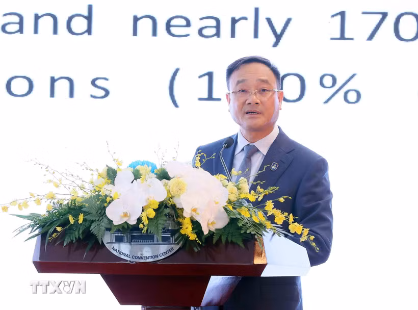 Thứ trưởng Bộ Công an Phạm Thế Tùng phát biểu tại Toạ đàm Hợp tác toàn cầu phòng, chống lừa đảo trực tuyến. (Ảnh: TTXVN)