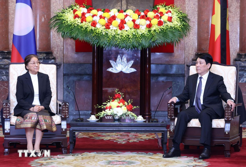 Chủ tịch nước Lương Cường tiếp Phó Chủ tịch nước Lào Pany Yathotou. (Ảnh: Lâm Khánh/TTXVN)