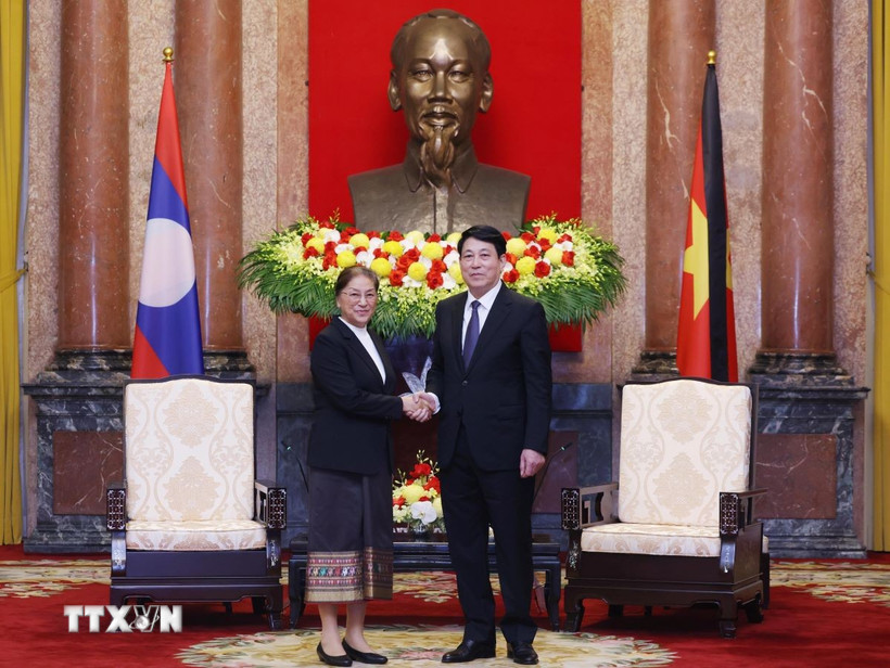 Chủ tịch nước Lương Cường tiếp Phó Chủ tịch nước Lào Pany Yathotou. (Ảnh: Lâm Khánh/TTXVN)