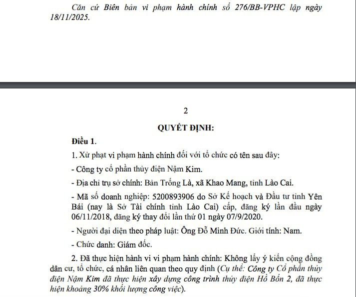 Quyết định xử phạt vi phạm hành chính đối với Công ty cổ phần Thủy điện Nậm Kim. (Nguồn: Cổng thông tin điện tử Lào Cai)