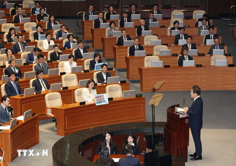 Tổng thống Hàn Quốc Lee Jae Myung phát biểu trước Quốc hội tại Thủ đô Seoul ngày 26/6/2025. (Ảnh: Yonhap/TTXVN)