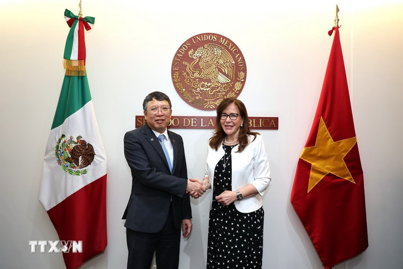 Đại sứ Việt Nam được bổ nhiệm tại Mexico Nguyễn Văn Hải (trái) và Chủ tịch Ủy ban Đối ngoại Thượng viện Mexico Yeidckol Polevnsky Gurwitz. (Ảnh: Phi Hùng/TTXVN)