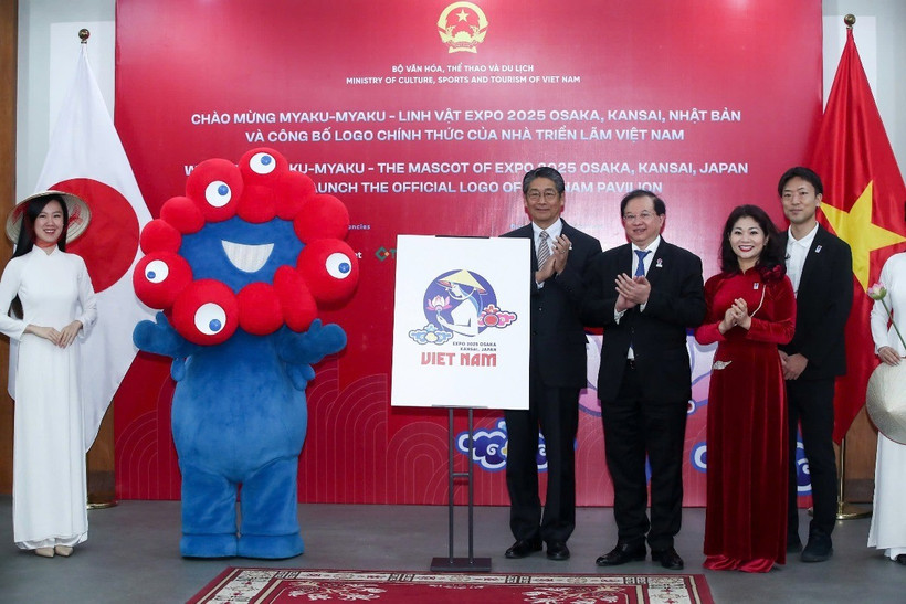 Logo của Nhà Triển lãm Việt Nam được giới thiệu cùng màn ra mắt linh vật Expo 2025. (Ảnh: Vietnam+)