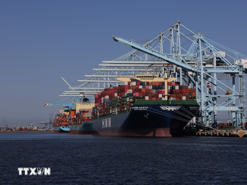 Tàu chở hàng hóa neo tại cảng Los Angeles, California (Mỹ). (Ảnh: THX/TTXVN)