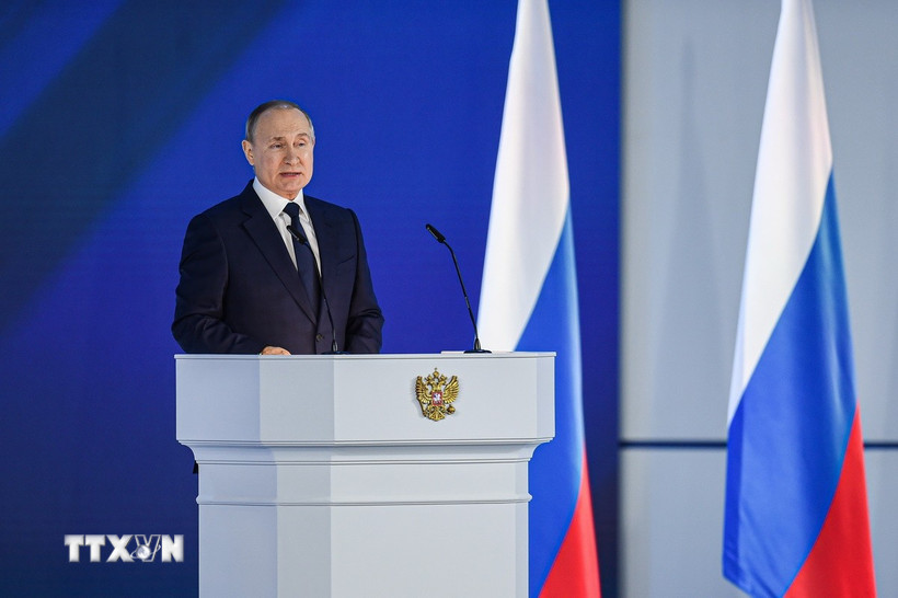 Tổng thống Nga Vladimir Putin phát biểu tại Thủ đô Moskva. (Ảnh: THX/TTXVN)
