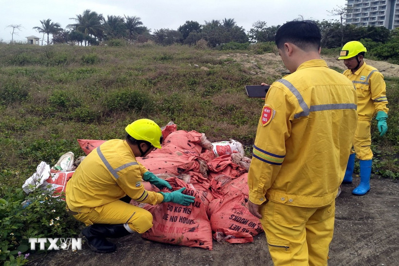 Lực lượng chức năng gom dầu vón cục để tập trung mang đi xử lý. (Ảnh: Trịnh Bang Nhiệm/TTXVN)