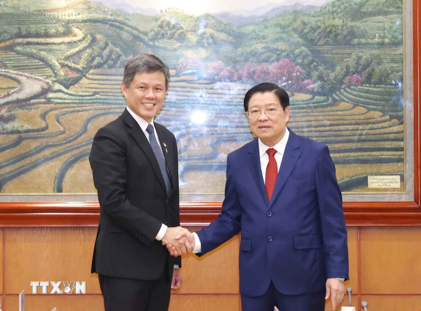 Trưởng Ban Nội chính Trung ương Phan Đình Trạc hội đàm với Phó Tổng Thư ký Đảng Hành động Nhân dân Singapore Chan Chun Sing. (Ảnh: Phương Hoa/TTXVN)