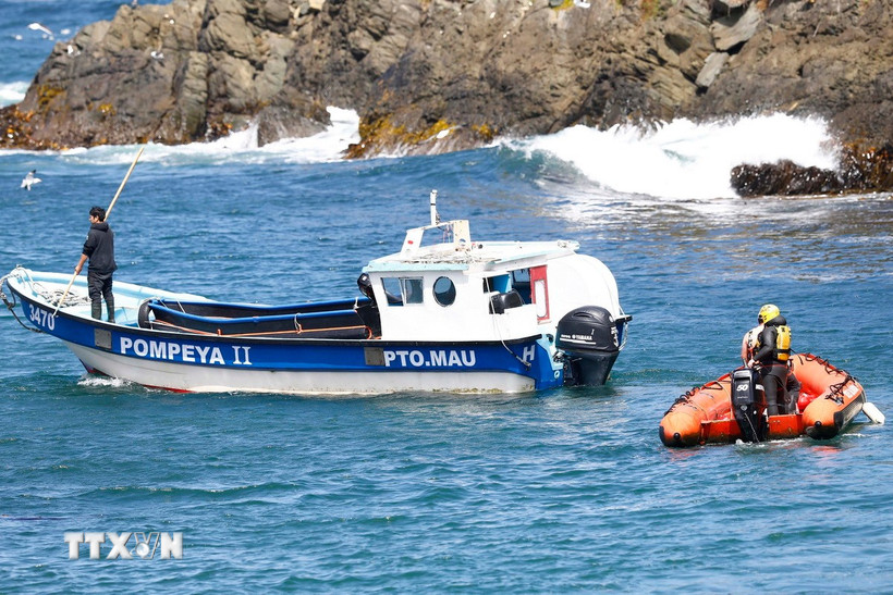 Lực lượng cứu hộ tìm kiếm nạn nhân trong một vụ lật thuyền gần San Juan de la Costa, tỉnh Osorno (Chile), ngày 27/1/2025. (Ảnh: THX/TTXVN)