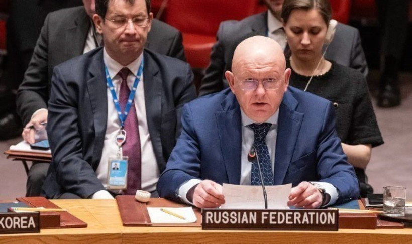 Đại sứ Nga tại Liên hợp quốc Vasily Nebenzya trong một phiên họp của Hội đồng Bảo an Liên hợp quốc. (Ảnh: Getty Images/TTXVN)