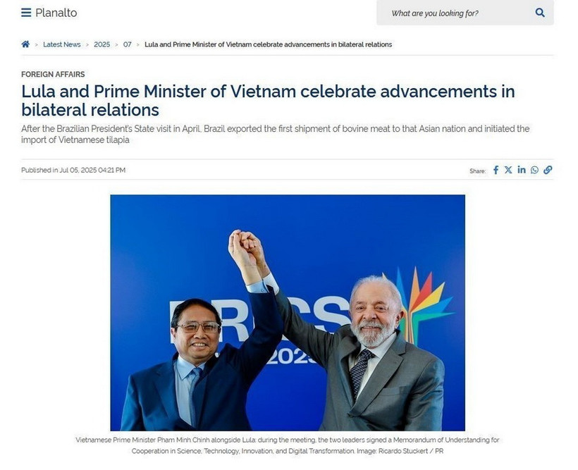 Tờ Planalto của Chính phủ Brazil đưa tin buổi hội đàm giữa Thủ tướng Phạm Minh Chính và Tổng thống Lula da Silva. (Ảnh chụp màn hình/TTXVN)