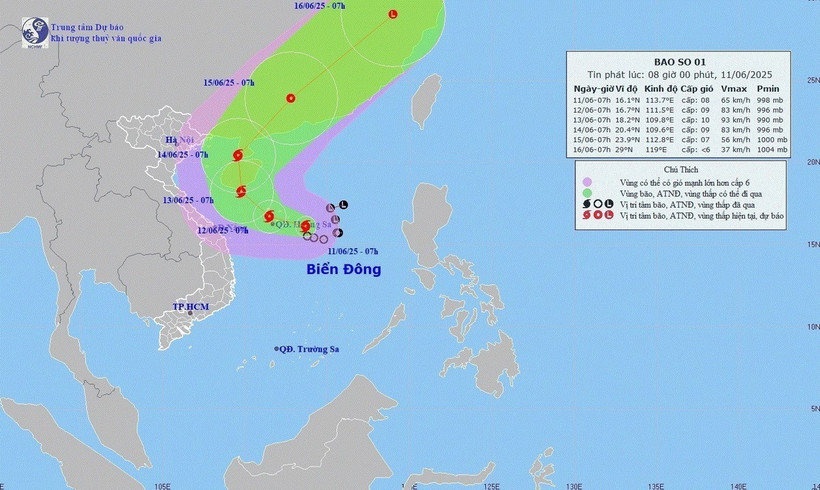 Hướng di chuyển của bão số 1, sáng 11/6/2025. (Ảnh: TTXVN phát)