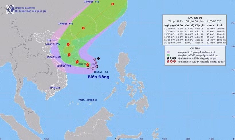 Hướng di chuyển của bão số 1, sáng 11/6/2025. (Ảnh: TTXVN phát)