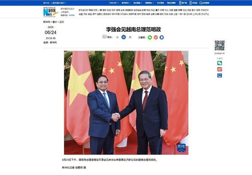 Bài viết của Tân Hoa xã: Thủ tướng Chính phủ Phạm Minh Chính (trái) hội đàm với Thủ tướng Lý Cường ngày 24/6/2025. (Ảnh: TTXVN phát)