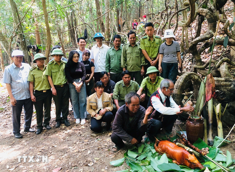 Chính quyền địa phương cùng dân làng chứng kiến Già làng làm thủ tục cúng Thần rừng trong Lễ cúng rừng. (Ảnh: Hồng Điệp/TTXVN)