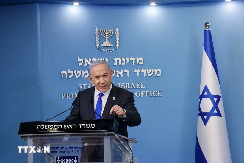 Thủ tướng Israel Benjamin Netanyahu phát biểu trong một cuộc họp báo tại Jerusalem. (Ảnh: THX/TTXVN)