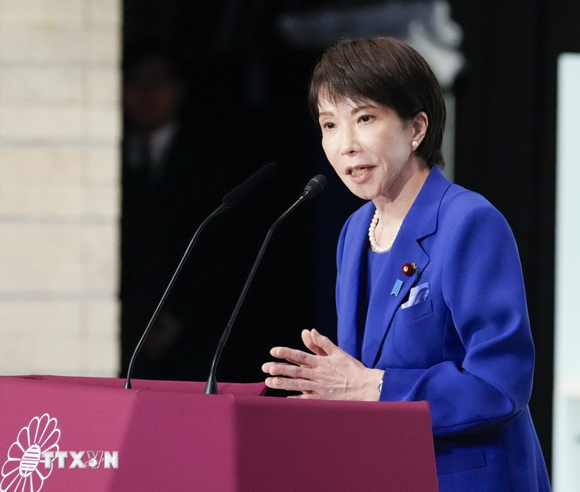 Bà Sanae Takaichi phát biểu trong cuộc bỏ phiếu bầu Chủ tịch đảng LDP cầm quyền Nhật Bản, tại Tokyo, ngày 4/10/2025. (Ảnh: Kyodo/TTXVN)