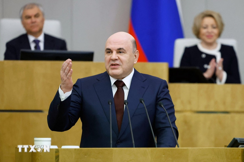 Thủ tướng Nga Mikhail Mishustin phát biểu tại một phiên họp Duma Quốc gia (Hạ viện) Nga ở Moskva. (Ảnh: AFP/TTXVN)