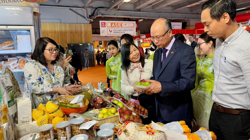 Đại sứ Việt Nam tại Pháp Đinh Toàn Thắng tham quan các gian hàng Việt Nam. (Ảnh: Thu Hà/TTXVN)