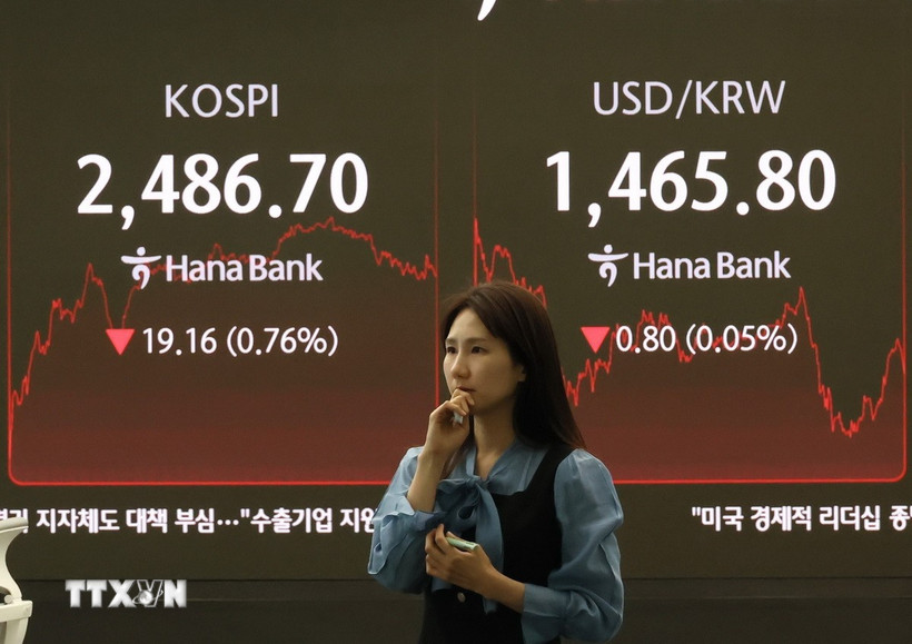 Bảng điện tử hiển thị chỉ số chứng khoán KOSPI tại ngân hàng Hana ở Seoul (Hàn Quốc) ngày 3/4/2025. (Ảnh: Yonhap/TTXVN)