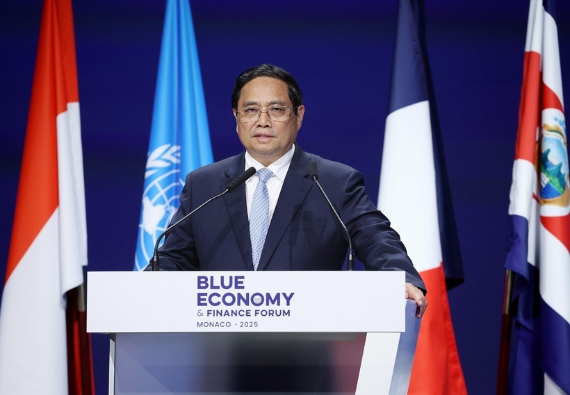 Thủ tướng Phạm Minh Chính phát biểu tại Diễn đàn Tài chính và Kinh tế Xanh của Hội nghị Đại dương Liên hợp quốc lần thứ 3 (UNOC 3). (Ảnh: Dương Giang/TTXVN)