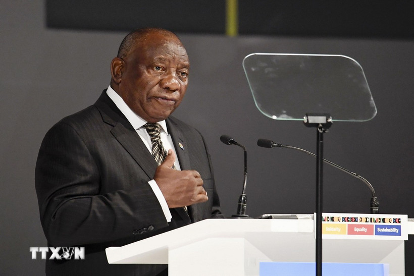 Tổng thống Nam Phi Cyril Ramaphosa phát biểu tại một hội nghị ở Cape Town. (Ảnh: Kyodo/TTXVN)