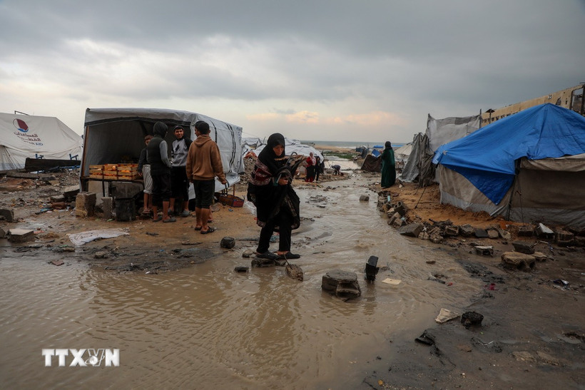 Khu lều tạm cho người tị nạn Palestine tại thành phố Gaza bị ngập nước do mưa lớn, ngày 12/12/2025. (Ảnh: THX/TTXVN)