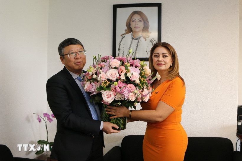Đại sứ Việt Nam tại Mexico Nguyễn Văn Hải chúc mừng Hạ nghị sỹ Ana Karina Rojo Pimentel được bầu làm Chủ tịch Nhóm Nghị sỹ Hữu nghị Mexico-Việt Nam. (Ảnh: Phương Lan/TTXVN)