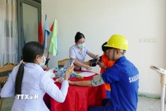 Công ty khai thác khoáng sản Sakai phối hợp với ngành y tế địa phương tổ chức khám sức khỏe định kỳ cho công nhân tại trụ sở Công ty. (Ảnh: Xuân Tú/TTXVN)