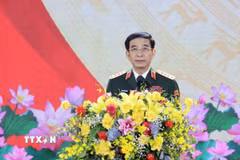 Đại tướng Phan Văn Giang, Ủy viên Bộ Chính trị, Bộ trưởng Bộ Quốc phòng phát biểu chào mừng. (Ảnh: Nguyễn Dũng/ TTXVN)