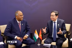 Chủ tịch Quốc hội Trần Thanh Mẫn kiến Chủ tịch Quốc hội Cộng hòa Côte d'Ivoire Patrick Achi. (Ảnh: Doãn Tấn/TTXVN)