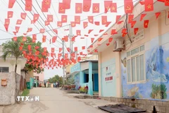 Những con hẻm nhỏ trên xã đảo Nhơn Châu được trang hoàng cờ hoa rực rỡ. (Ảnh: Quang Thái/TTXVN)