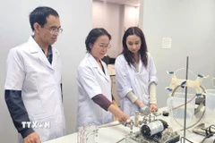 Giáo sư-Tiến sỹ Trần Thị Việt Nga, Viện trưởng Viện Công nghệ cao Việt Nhật, Giảng viên cao cấp Khoa Kỹ thuật Môi trường, Trường Đại học Xây dựng Hà Nội (đứng giữa) đang hướng dẫn các nghiên cứu sinh. (Ảnh: TTXVN phát)