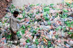 Công nhân làm việc tại nhà máy xử lý rác thải nhựa ở Lahore, Pakistan. (Ảnh: THX/TTXVN)