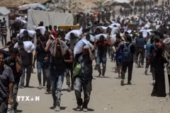 Người dân Palestine nhận hàng viện trợ nhân đạo tại Beit Lahia, phía Bắc Dải Gaza, ngày 1/8/2025. (Ảnh: THX/TTXVN)