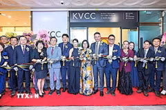 Các đại biểu cắt băng khai trương Trung tâm giao lưu văn hóa Hàn - Việt tại thành phố Daegu. (Ảnh: Khánh Vân/TTXVN)