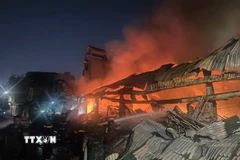 Lực lượng Cảnh sát phòng cháy chữa cháy và cứu nạn cứu hộ đang nỗ lực dập tắt đám cháy. (Ảnh: An Đăng/TTXVN)