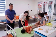 Lãnh đạo Sở Giáo dục và Đào tạo tỉnh Hưng Yên và lãnh đạo Bệnh viện Đa khoa Phụ Dực thăm hỏi, động viên học sinh đang được chăm sóc tại Bệnh viện. (Ảnh: Nguyễn Công Hải/TTXVN)