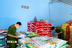 Cán bộ Phòng Cảnh sát kinh tế kiểm tra, phát hiện các sản phẩm không rõ nguồn gốc, xuất xứ. (Ảnh: Hữu Đệ/TTXVN phát)