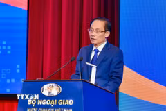 Đồng chí Lê Hoài Trung, Ủy viên Bộ Chính trị, Bộ trưởng Bộ Ngoại giao phát biểu tại phiên họp Ngoại giao khoa học công nghệ góp phần kiến tạo năng lực phát triển quốc gia ngày 5/8. (Ảnh: TTXVN)
